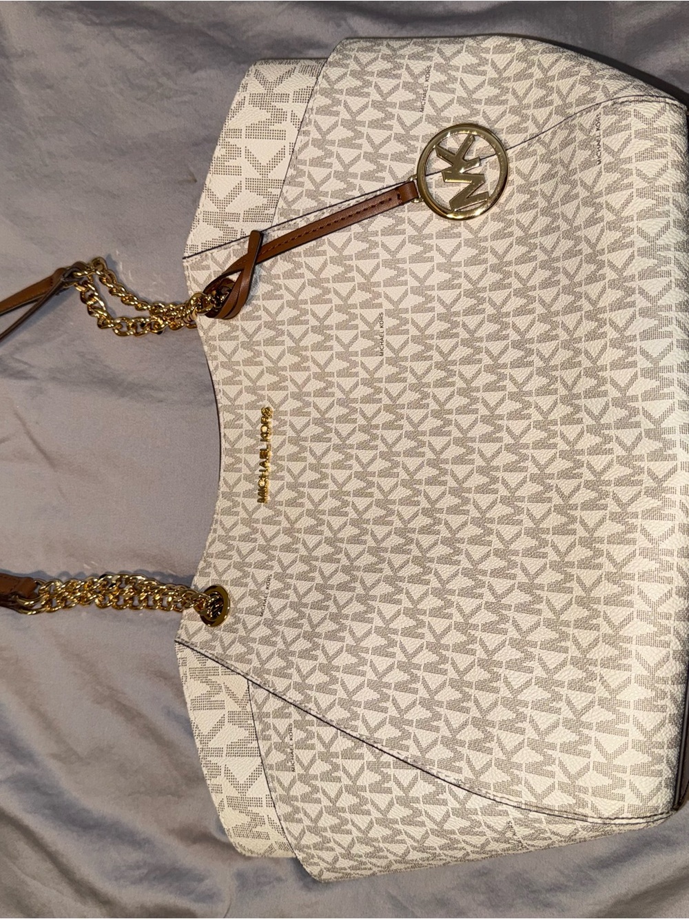 Michael Kors Cream and Brown Logo Chain Shoulder Bag